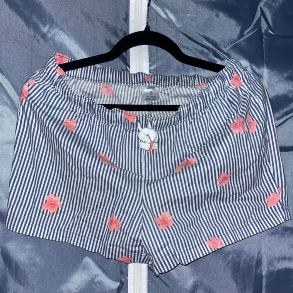 Amazon Essentials Striped Floral Shorts Womens Small Blue White Drawstring Knit